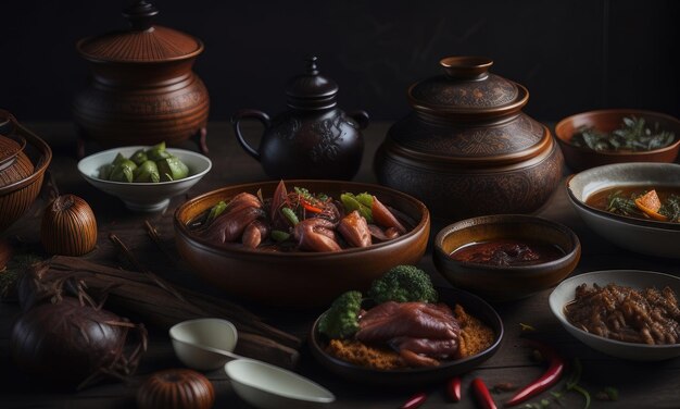 나무 테이블에 전통 중국 요리