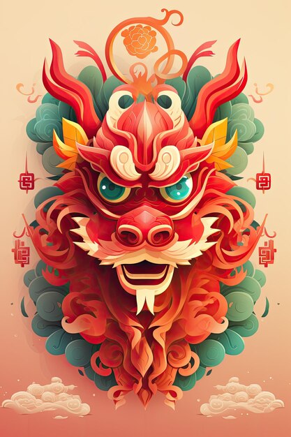 traditional Chinese dragon against clouds flowers waves background