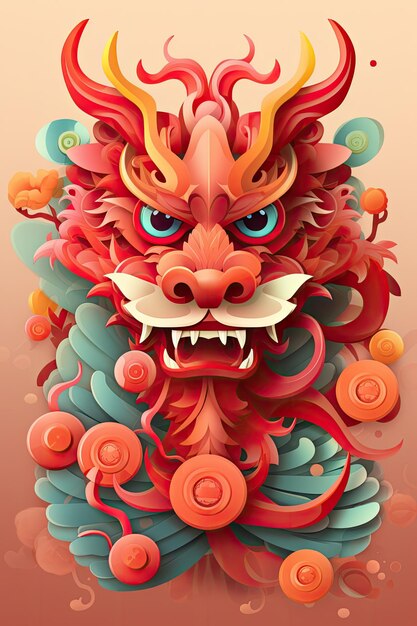 traditional Chinese dragon against clouds flowers waves background