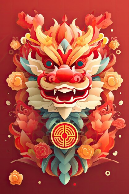 traditional Chinese dragon against clouds flowers waves background