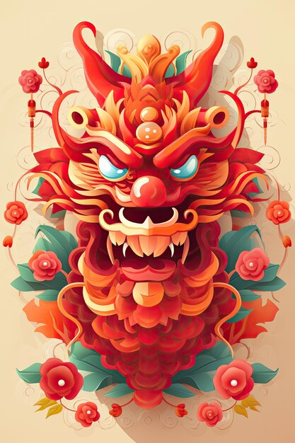 traditional Chinese dragon against clouds flowers waves background