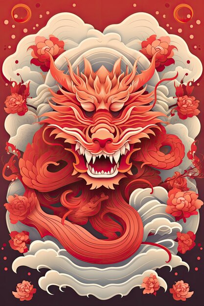 traditional Chinese dragon against clouds flowers waves background