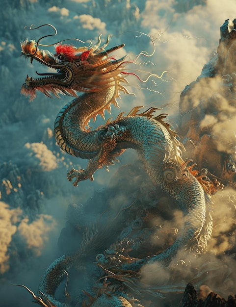 Photo traditional chinese dragon against clouds flowers waves background