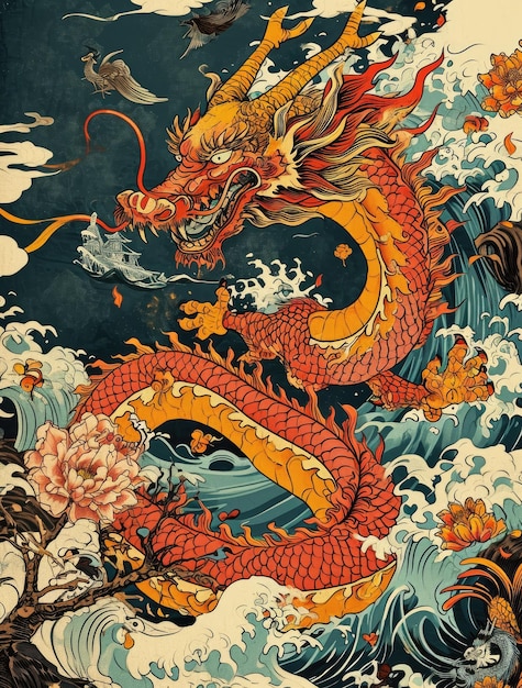 伝統的な中国のドラゴン - 雲と花と波の背景