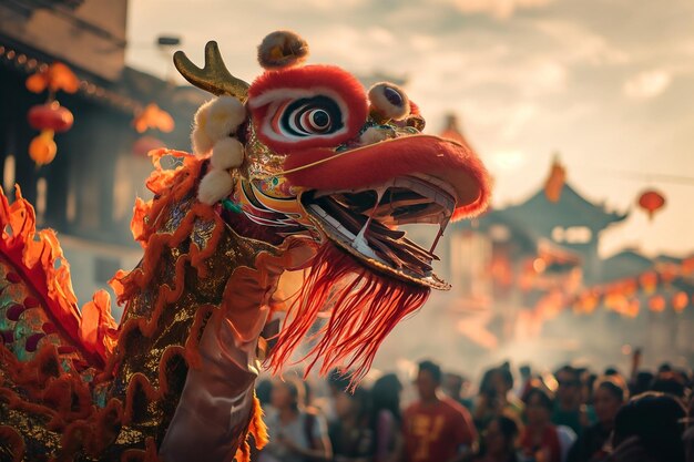 A traditional Chinese dragon head dance of a street Celebration of Chinese New Year festival