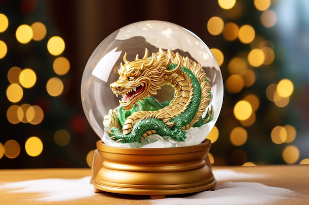 Traditional chinese dragon inside a glass snowball Statuette of a green wooden dragon 2024 New Year symbol Chinese New Year Christmas winter holidays postcard Green wooden dragon 2024