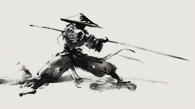 Traditional Chinese Figure An Ancient Arts Character Adorned with a Bamboo Hat and Mask Grasping a Long Stick Captured in Ink Painting with Minimalist Styling