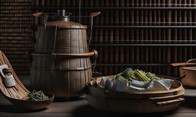 Traditional Chinese food served in the bamboo