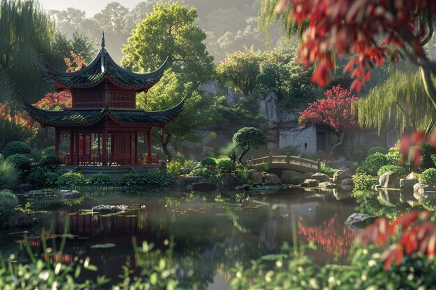 Photo a traditional chinese garden with a pagoda and pon