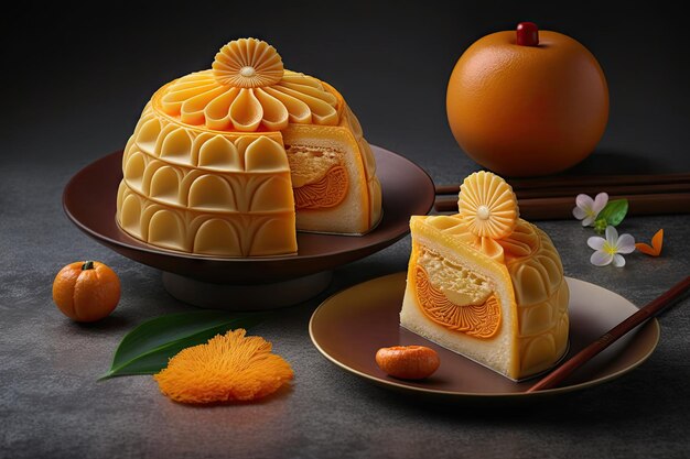 Traditional chinese holiday desserts in form of mandarin orange and shu cake created with generative