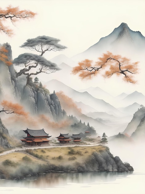 Traditional Chinese house hill scenery landscape watercolor painting wallpaper oriental background