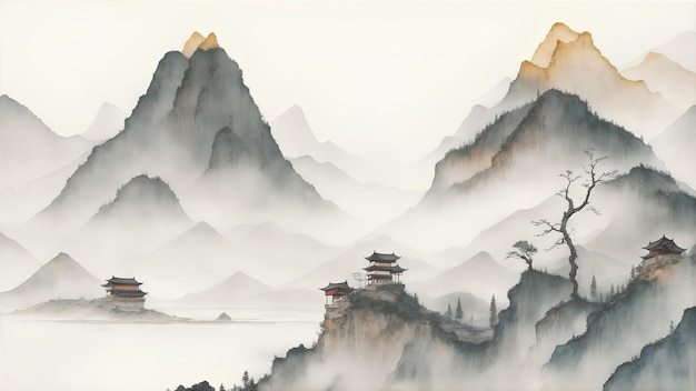 Traditional Chinese house hill scenery landscape watercolor painting wallpaper oriental background