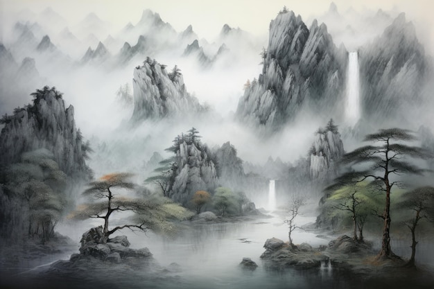 Traditional Chinese Ink Landscape Painting On Textured Paper