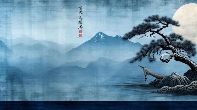 Traditional chinese landscape ink painting illustration imitating classic ink wash style on fabric