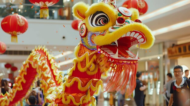 A traditional Chinese lion dance is performed in a shopping mall during the Chinese New Year celebrations