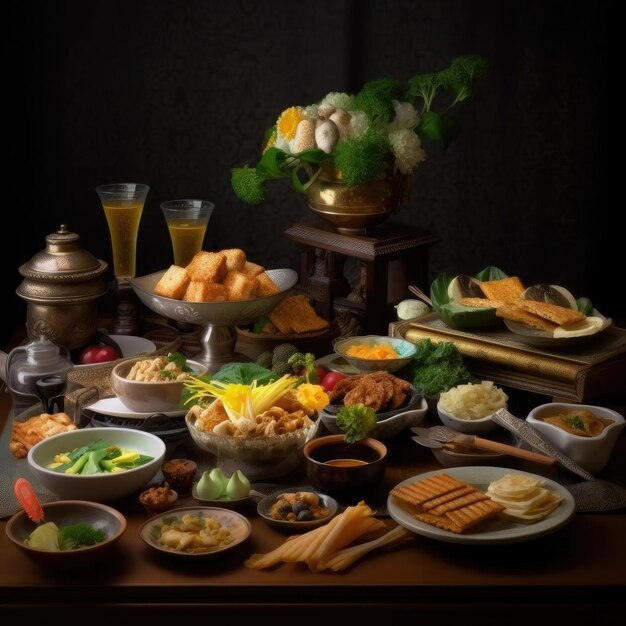 Traditional Chinese lunar new year food and drink closeup