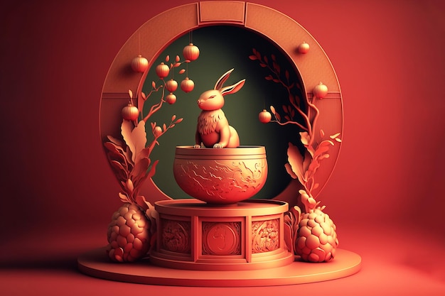 Traditional Chinese New Year Podium with rabbits sitting on