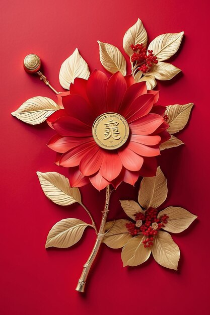 Photo traditional chinese new year red flower with gold coin on red background with copy space