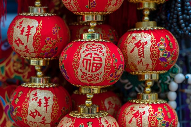 Traditional Chinese New Year red paper lanterns, close up