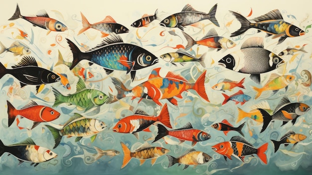Фото Традиционная китайская живопись, изображающая различные виды рыб с яркими узорами и отметинами.