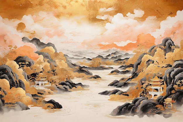 Traditional Chinese painting Landscape of the sea and mountains at sunset