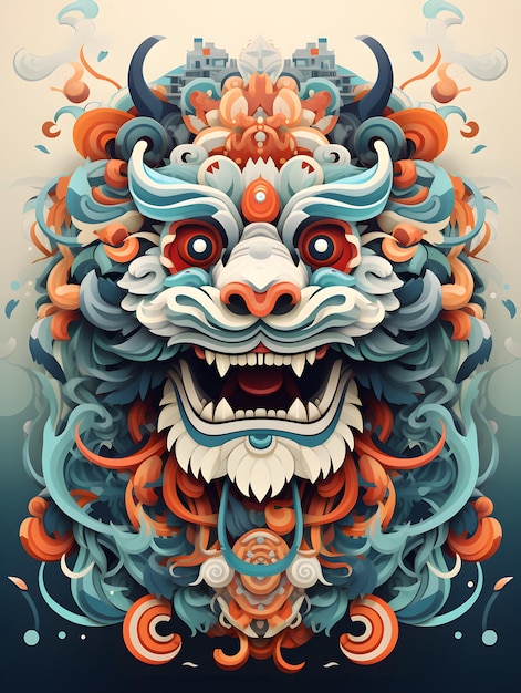 Traditional Chinese paper cut style lion headChinese Lion Dance in new year