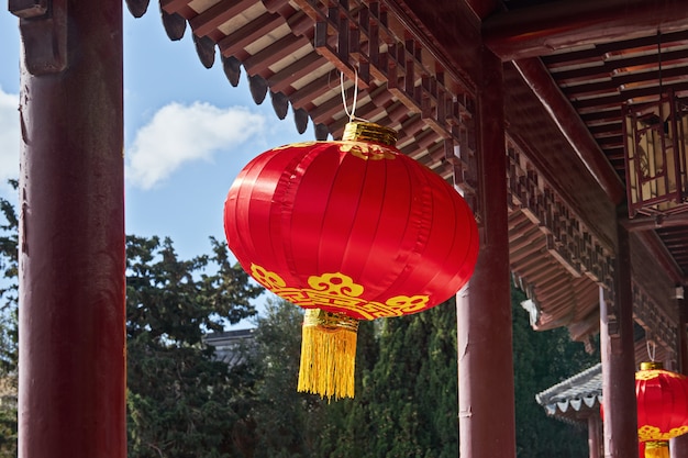 Traditional Chinese red lantern hanged in garden during celebrating Chinese New Year