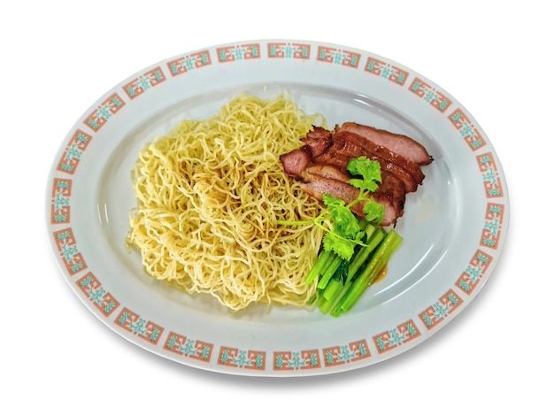 Traditional Chinese Style Pork Noodles on Plate Isolated on White