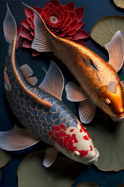 Traditional Chinese style two koi red fish Generative Ai