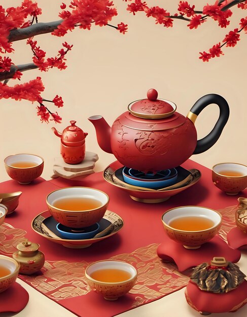 A traditional chinese tea ceremony with new yearthemed teapots and cups