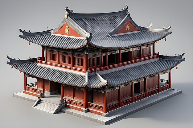 Традиционное китайское храмовое здание 3d рендеринг на сером фоне с тенью