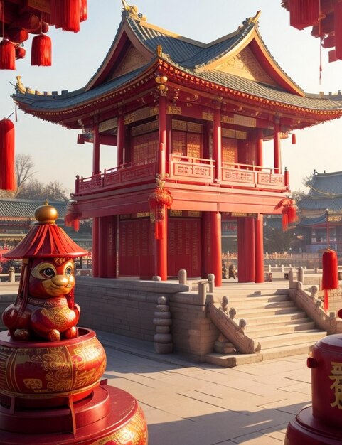 A Traditional Chinese Temple Square Filled with Chinese New Year Celebrations