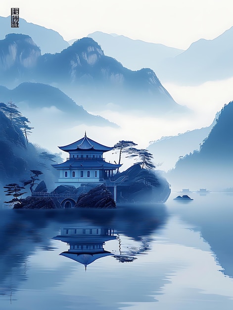 写真 伝統的な中国様式の風景 禅の山が青い水に反射する