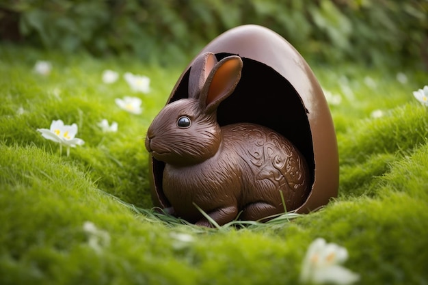 A traditional chocolate bunny sitting in a broken chocolate egg Generative AI