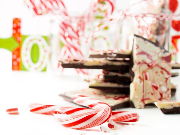 Traditional Christmas Chocolate Peppermint Bark sprinkled with peppermint candies.