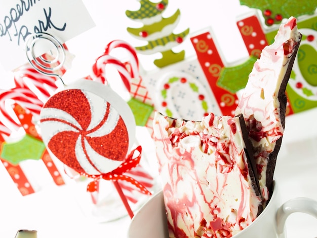 Traditional Christmas Chocolate Peppermint Bark sprinkled with peppermint candies.