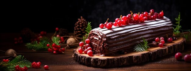 나무 배경에 축제 장식이 있는 전통적인 크리스마스 초콜릿 Yule 케이크 로그