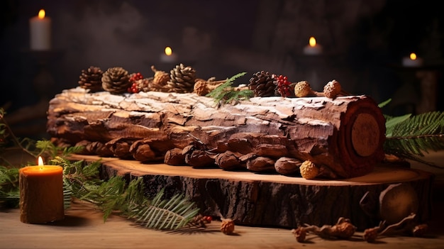 전통적인 크리스마스 초콜릿 유레 케이크 로그와 나무 바탕에 축제 장식