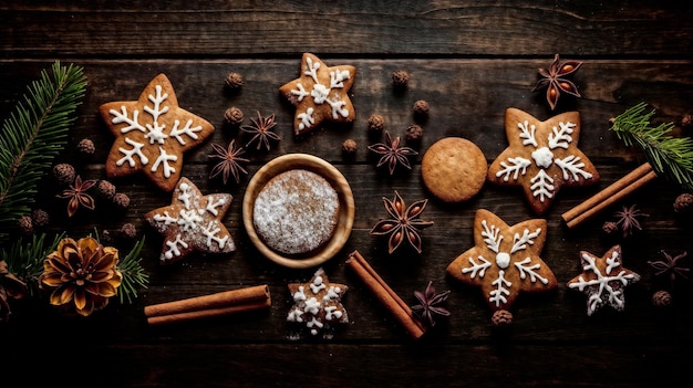 木製の背景の伝統的なクリスマスクッキー ジェネレーティブAI