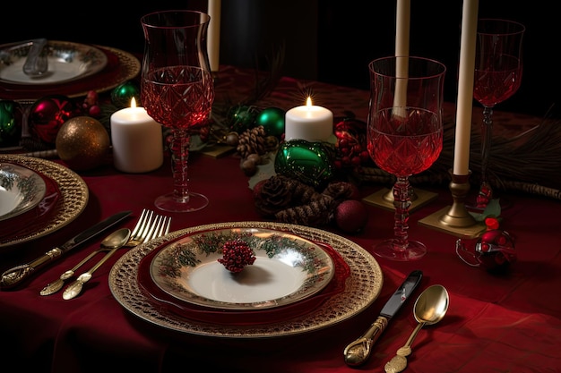 Traditional christmas dinner table setting with plates glasses and silverware