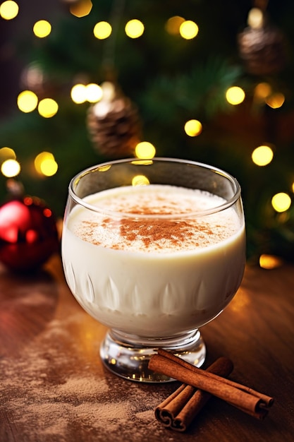 Traditional christmas drink eggnog with grated nutmeg and cinnamon generative ai