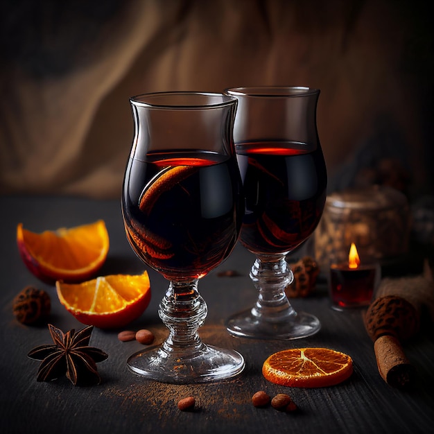 Traditional Christmas drink. Two glasses of mulled wine on the table. Generate by AI