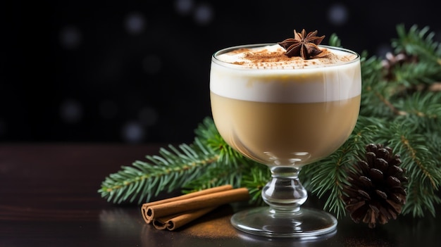 Photo traditional christmas eggnog cocktail with cinnamon on dark wooden background