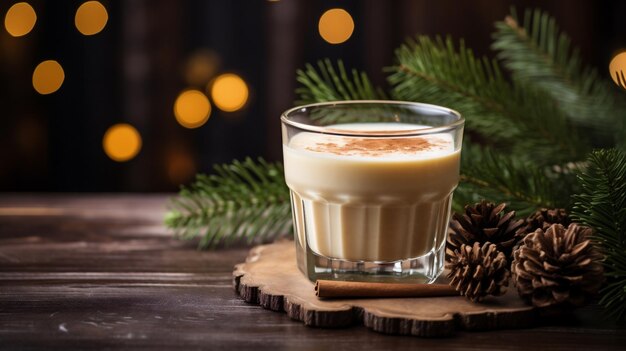 Photo traditional christmas eggnog cocktail with cinnamon on dark wooden background