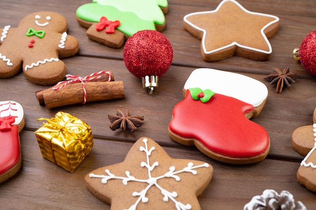 Traditional christmas gingerbread cookies over a wooden table