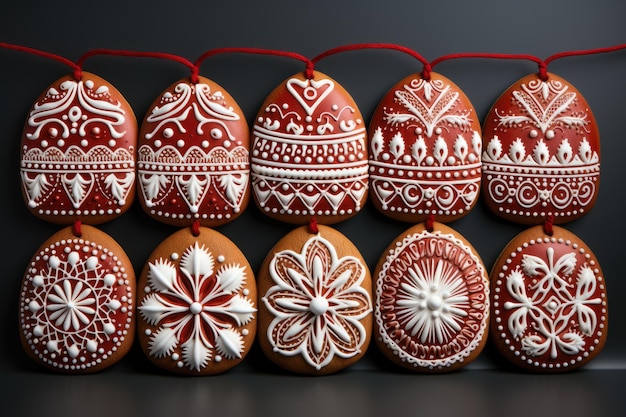 Traditional Christmas gingerbread set with copy space on a vivid red backdrop made using generativ