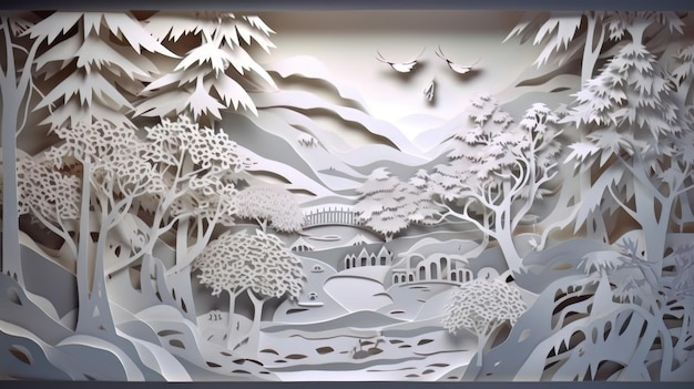 Traditional christmas paper cut art piece with a snowy landscape Generative AI