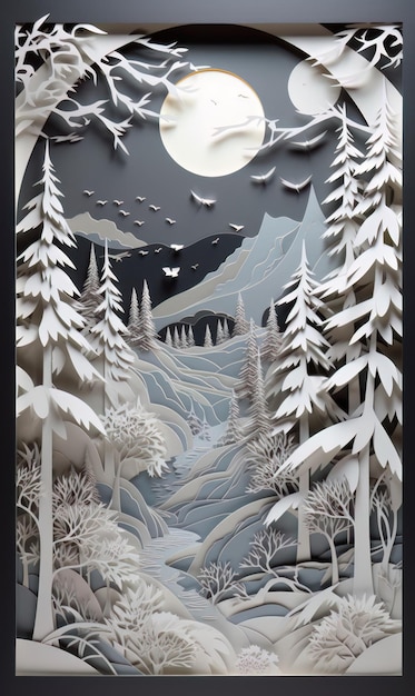 Traditional christmas paper cut art piece with a snowy landscape Generative AI