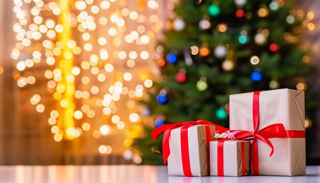 Traditional christmas pine tree with holiday decorations on background and stack of presents