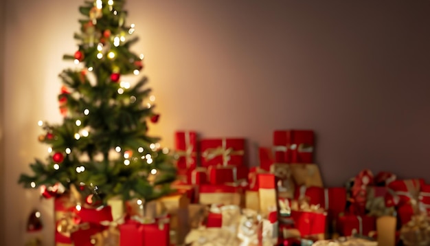 Traditional christmas pine tree with holiday decorations on background and stack of presents